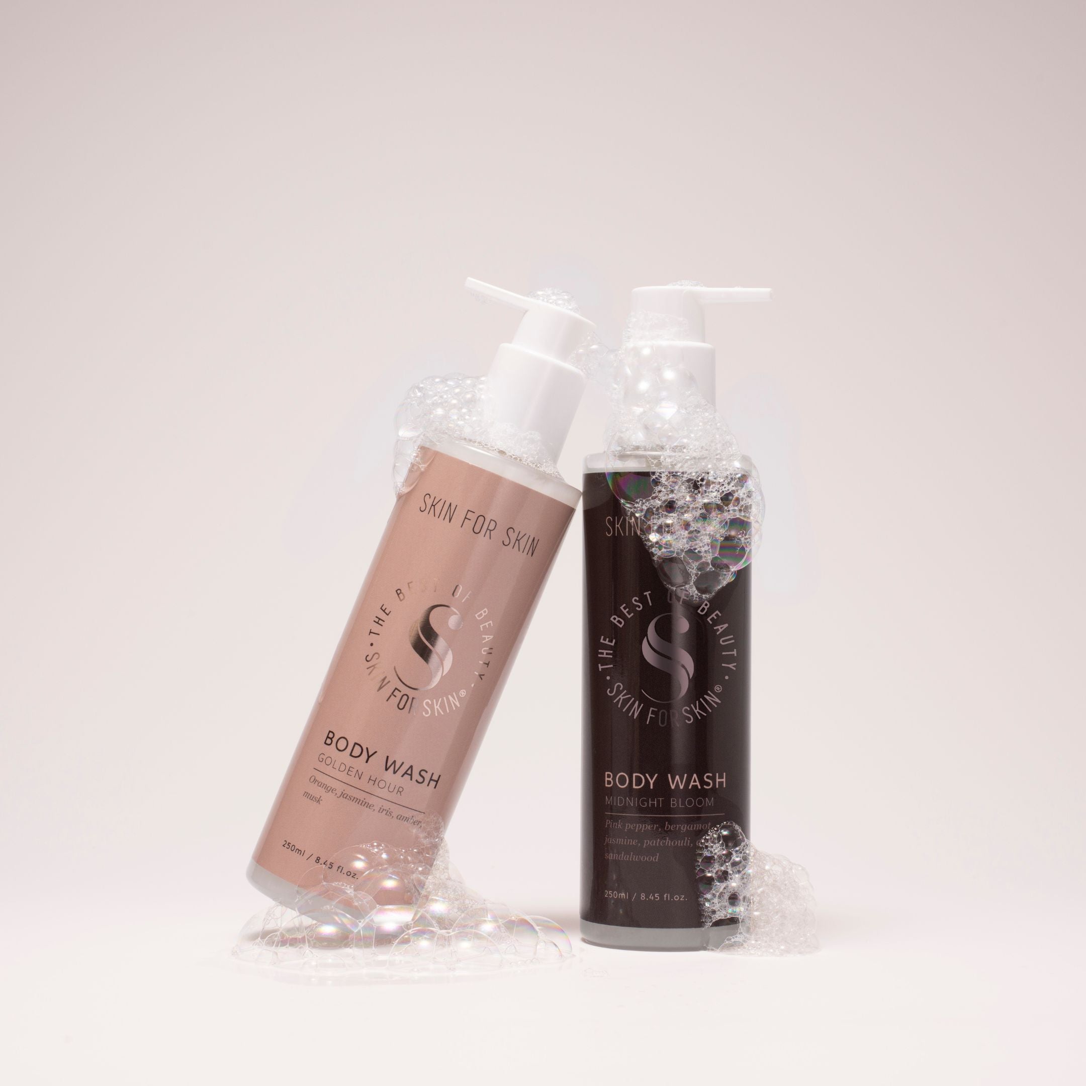 De Body Wash Golden Hour en Body Wash Midnight Bloom van Skin for Skin voor een verzorgende lichaamsreiniging met luxe geuren