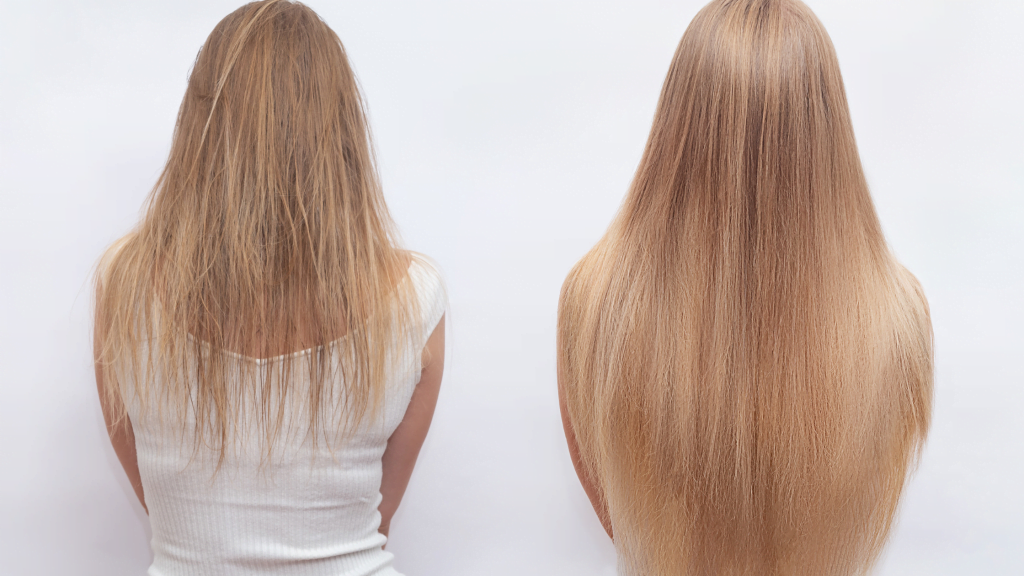 Achteraanzicht van twee personen met lang haar,naast elkaar weergegeven.