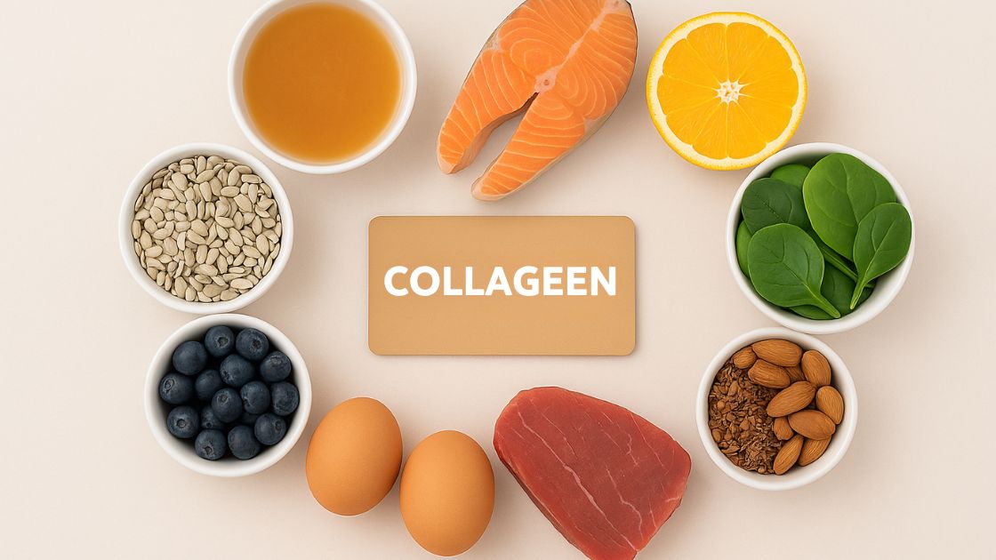 overzicht van verschillende voedingmiddelen rondom een kaartje met het woord collageen