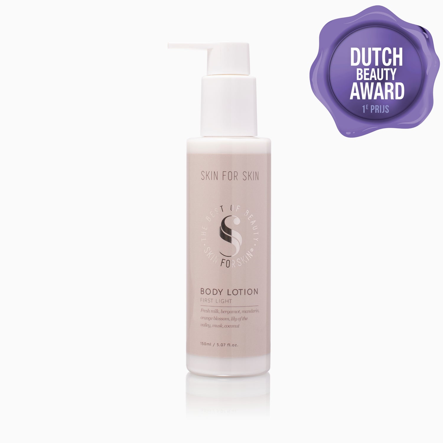 Award-winning First Light body lotion by Skin for Skin with Dutch Beauty Award 2025/2026 1st place.