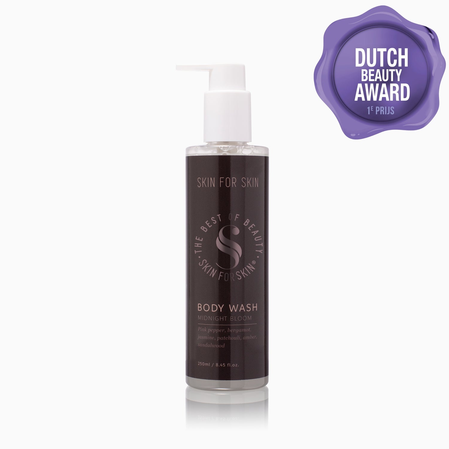 Award-winning Midnight Bloom body wash by Skin for Skin with Dutch Beauty Award 2025/2026 1st place.