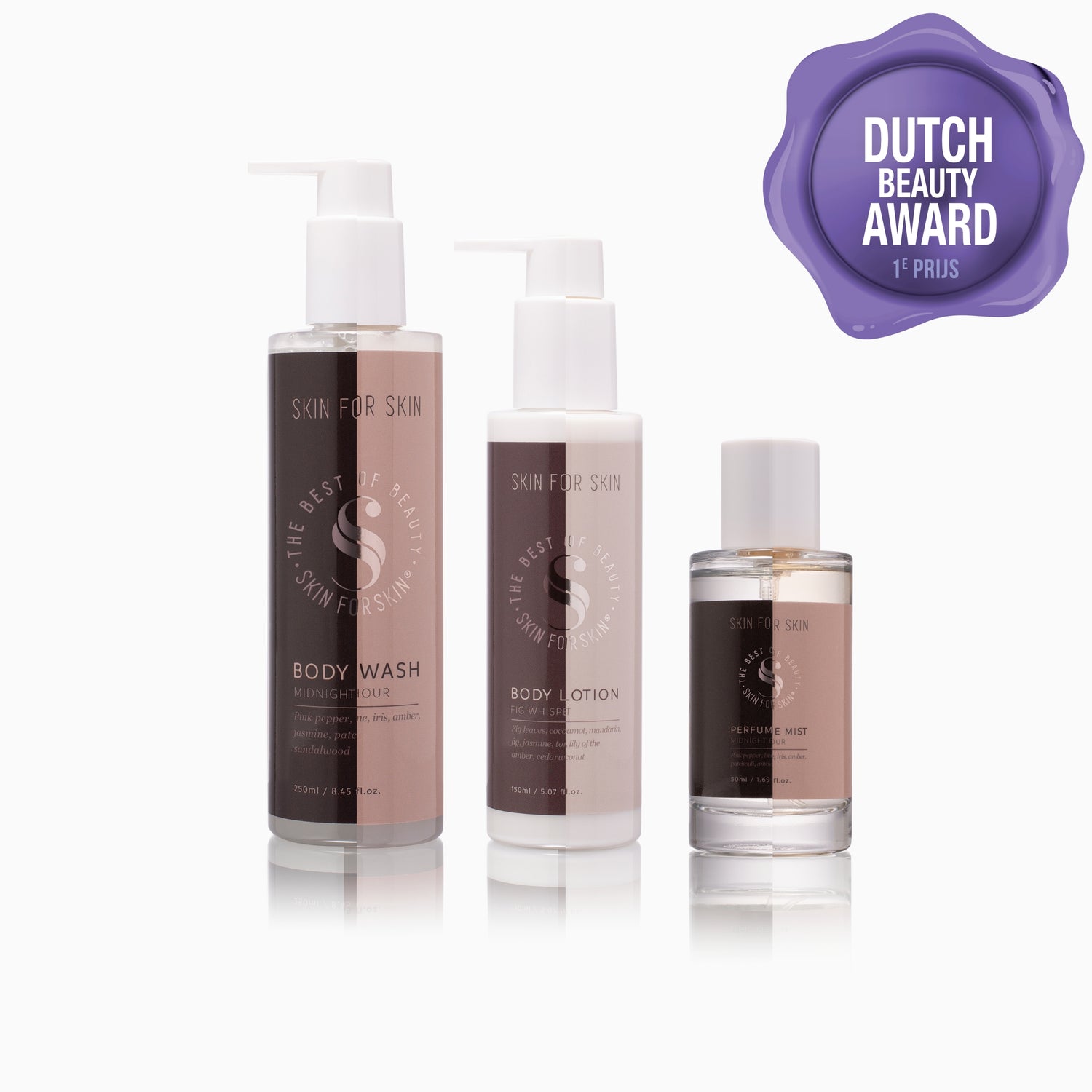 Award-winning Midnight Hour body care routine by Skin for Skin featuring body wash, body lotion and perfume mist with Dutch Beauty Award 2025/2026 1st place.