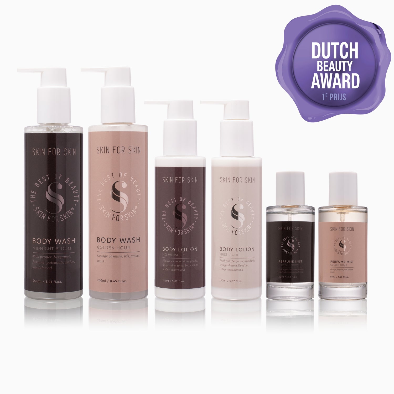 Award-winning body care collection by Skin for Skin featuring body wash, body lotion and perfume mist with Dutch Beauty Award 2025/2026 1st place.