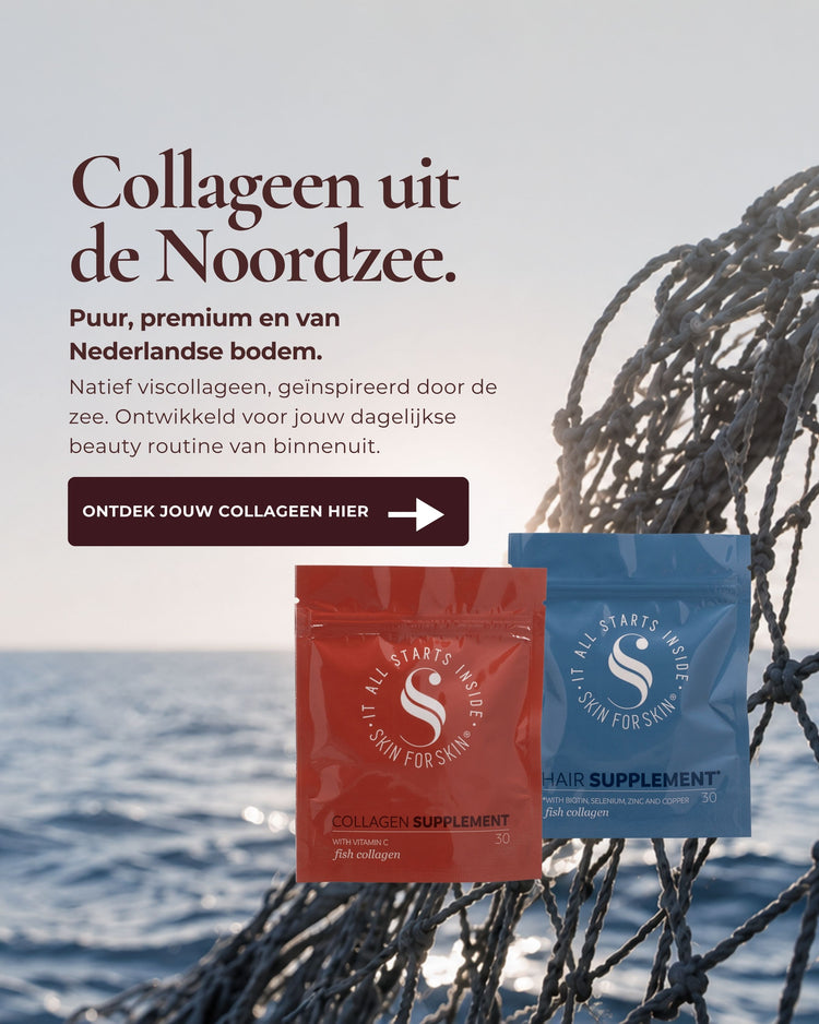 Collageen uit de Noordzee mobiel banner met Skin for Skin viscollageen supplementen voor een koele zeeachtergrond met visnet.