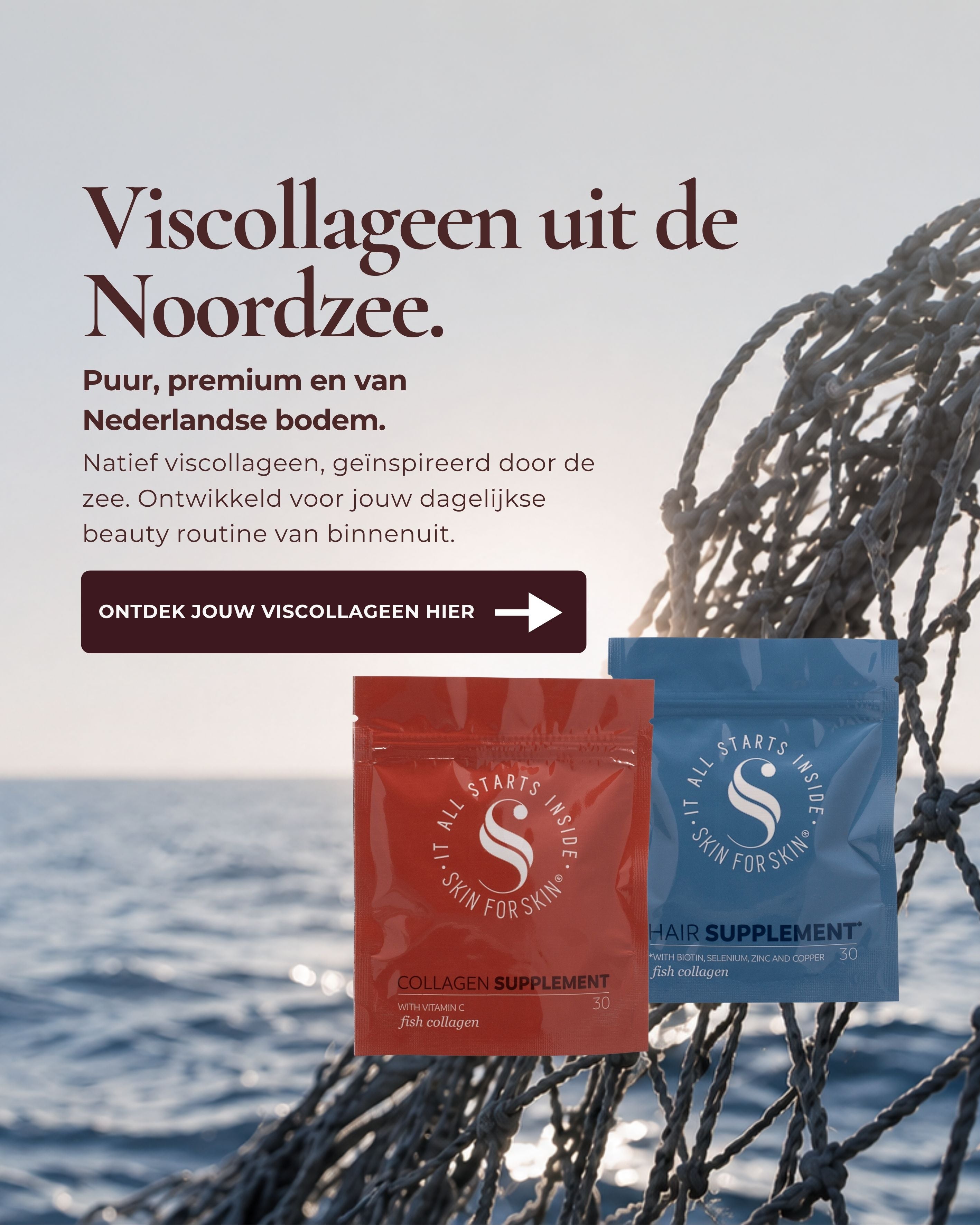Rode Collagen Supplement- en blauwe Hair Supplement-verpakking van Skin for Skin, gepresenteerd tegen een Noordzee-achtergrond met visnet. mobiel