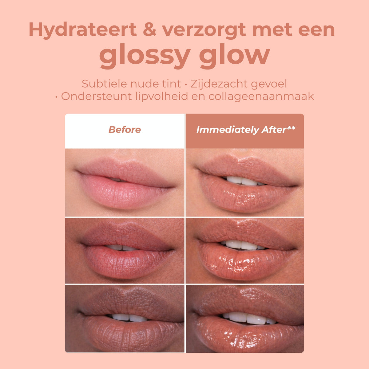 De Balmy Lip Gloss Nudie van Skin for Skin aangebracht op de lippen
