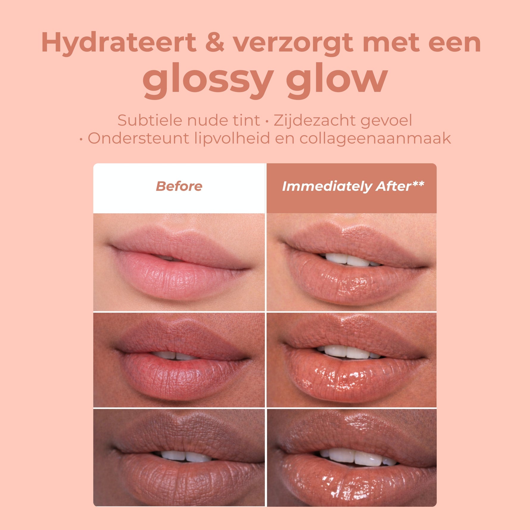 De Balmy Lip Gloss Nudie van Skin for Skin aangebracht op de lippen