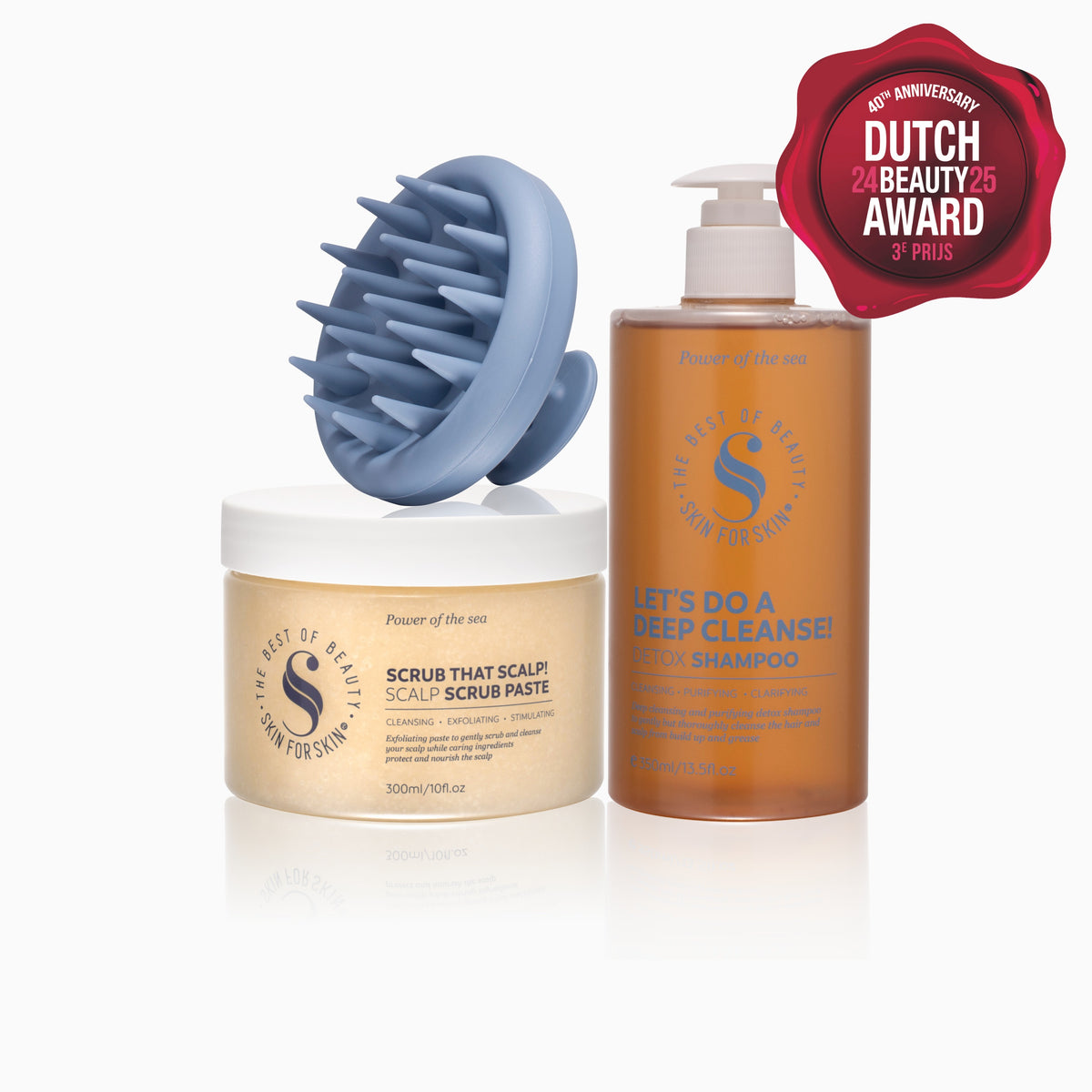 De Award Winning Set van Skin for Skin met detox shampoo, scalp scrub en haar massageborstel